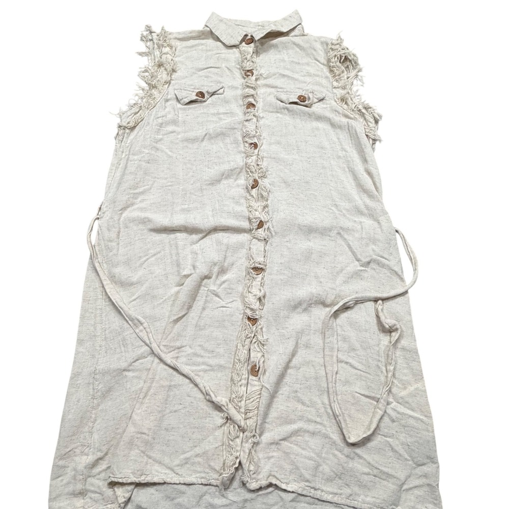 Mlle Gabrielle Sleeveless Frayed‎ Linen Blend Button Down Shirt Dress Beige L